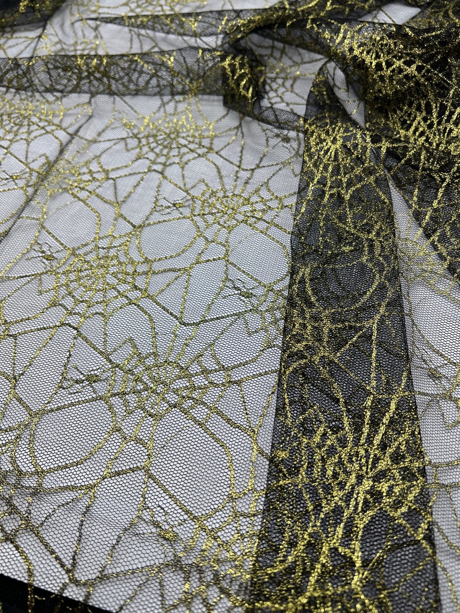 Gold Black Cobweb Halloween Print Mesh Fabric Stretch - T9 Fabrics